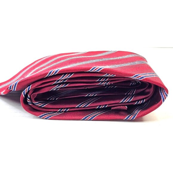 Lands End Red Striped Silk Tie With Herringbone Pattern Repp Burgundy Blue - Picture 4 of 5